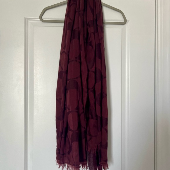 Coach Jacquard Maroon Signature Oversize Scarf Silk Wool - Picture 8 of 11